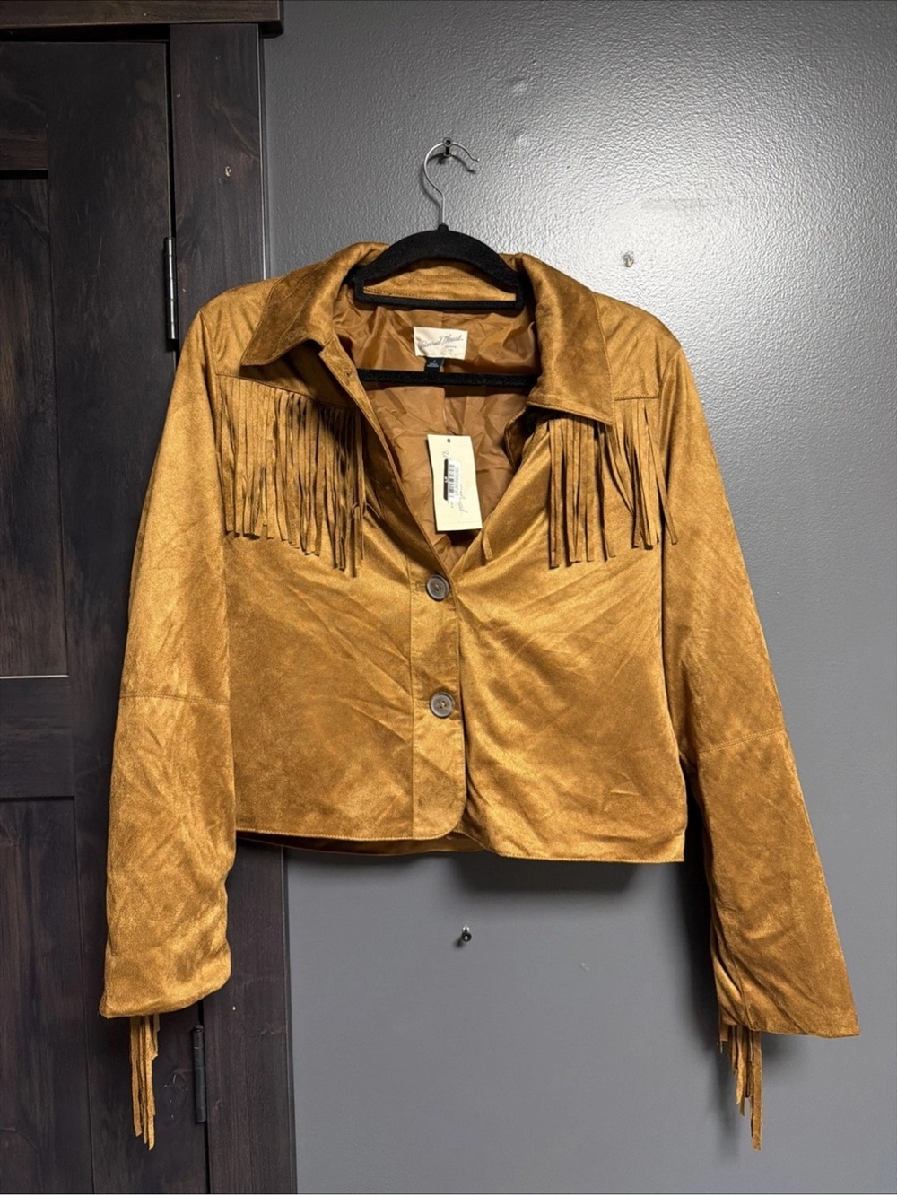 NWT Women’s Western Fringe Faux Suede Jacket, Brown, Small -Universal Thread